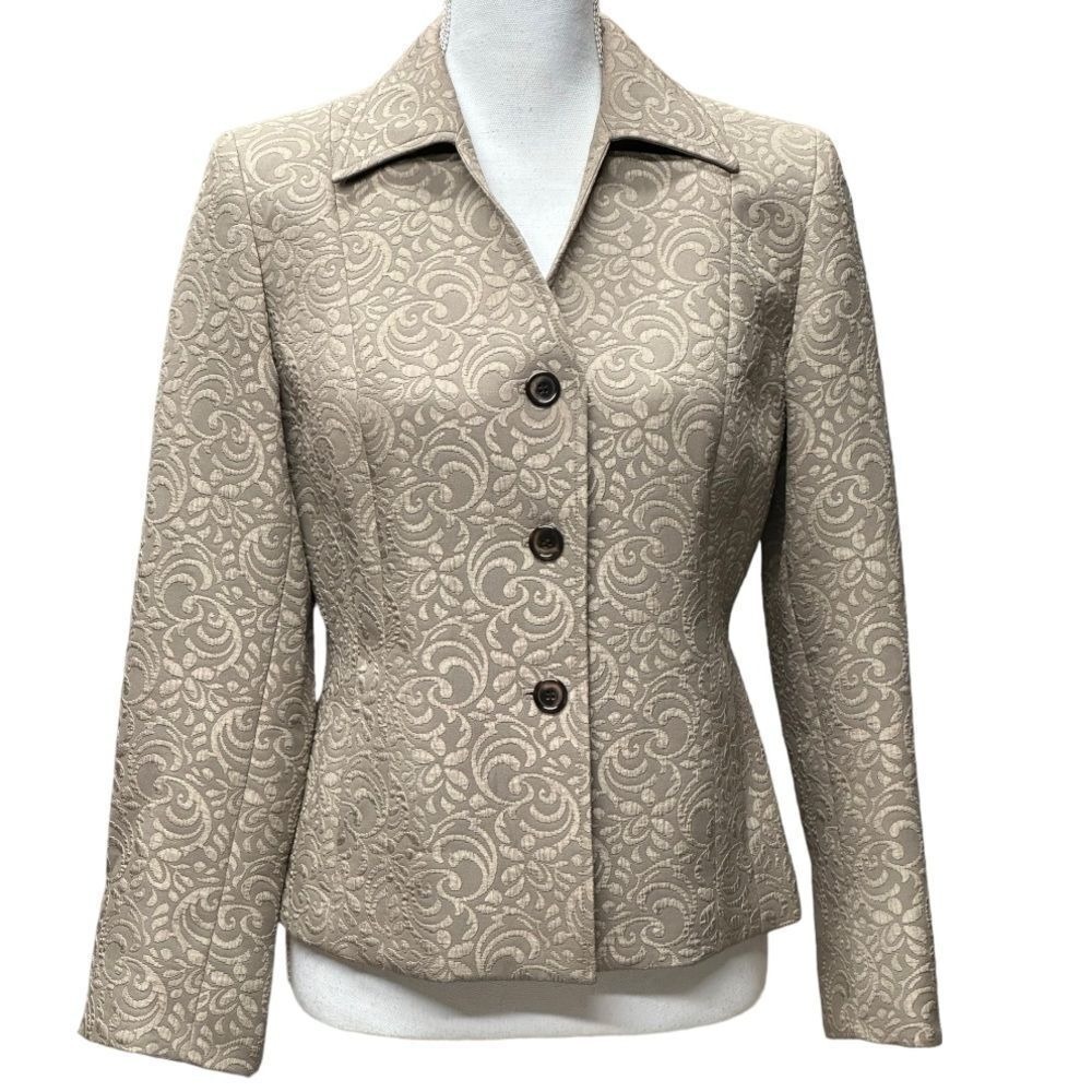 Jones New York Tan Brocade Long Sleeve Blazer Jacket Business Size 8P Career